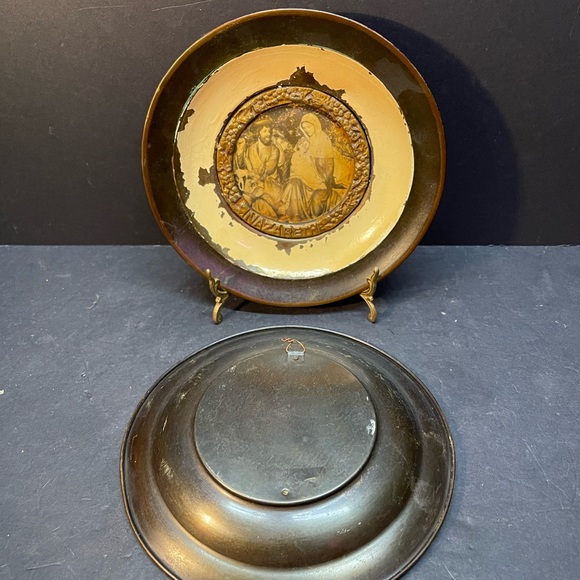 Antique Copper & Enamel Plates Wall Decor Jesus Modonna Nazareth 7.5” Set of 2 - Picture 2 of 9